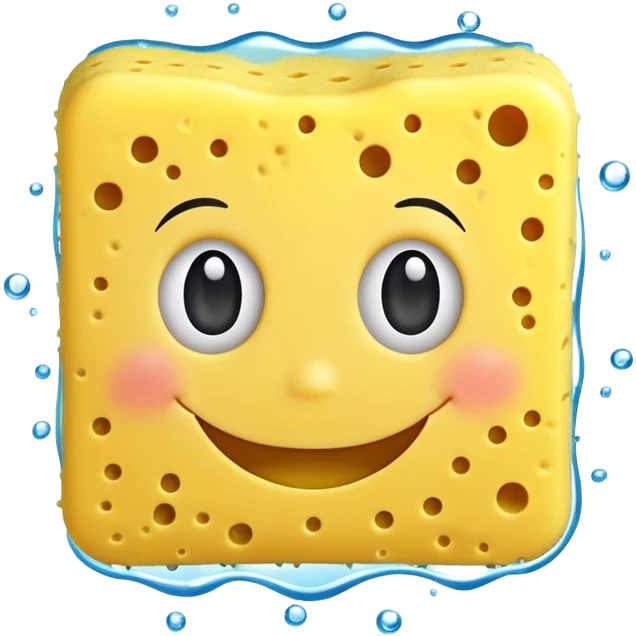 A happy yellow cleaning sponge with a smiling face emoji