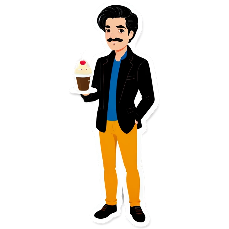 White German white man with black hair ist holding a cup with pudding emoji