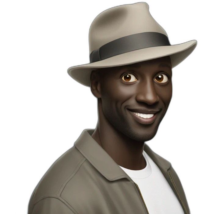 omar sy with hat and on the hat there is a picture of omar sy emoji