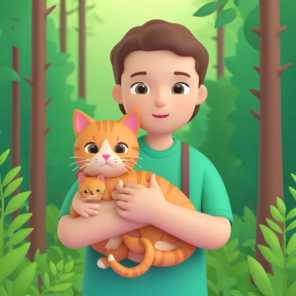 boy and cat pet in forrest background, close up pose emoji