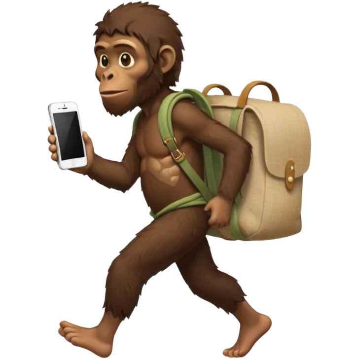 Draw an Australopithecus walking like a nomad, carrying a cloth bundle on its back and holding an iPhone in one hand and an 
macbook(screen visible) in the other, in a cute flat iPhone emoji style emoji