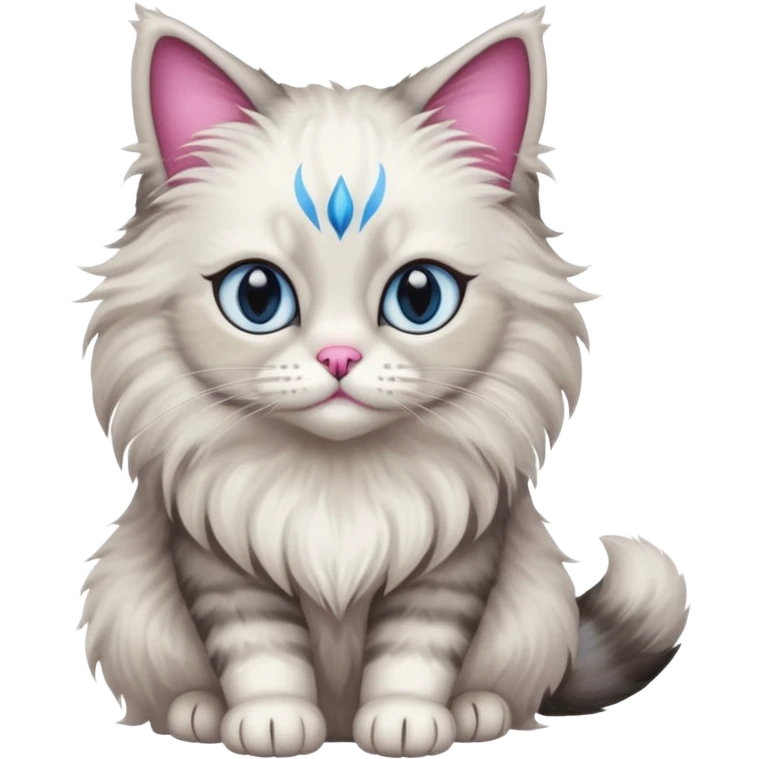 Neva masquerade cat, very fluffy, gray and white, blue eyes and pink nose emoji