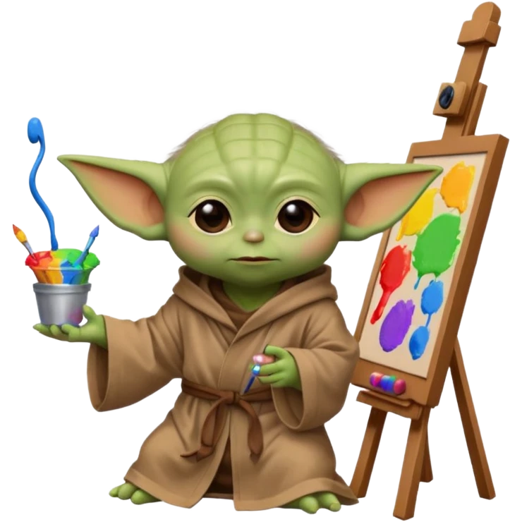 Baby Yoda in his brown robe listening music on his headphones, painting a picture on an easel and surrounded by paint pots. emoji