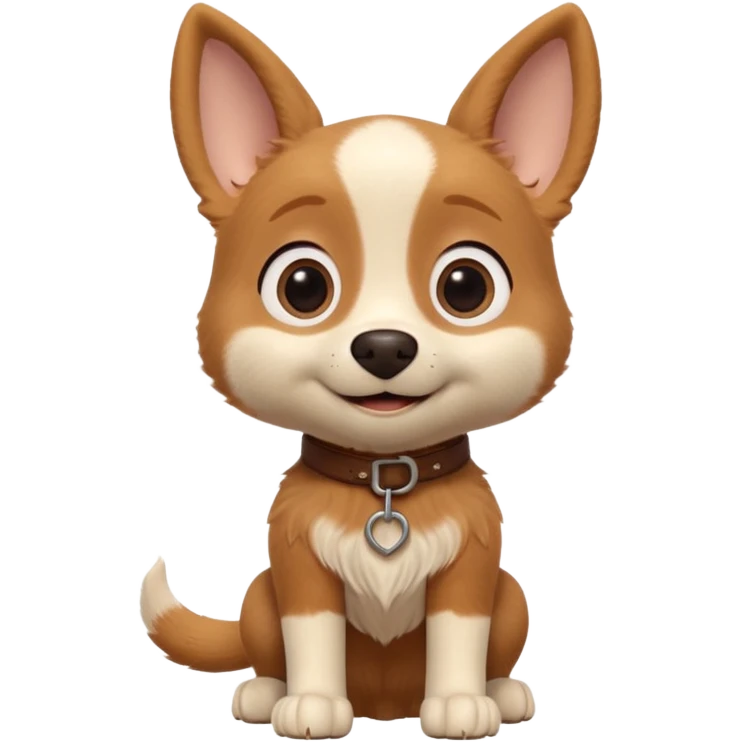 Boots the dog from Puss in Boots, Pixar / DreamWorks-style 3D render; cute, small dog with big round expressive eyes, floppy ears, and a sweet innocent smile; soft light-brown and cream fur with gentle texture; playful, loyal personality; polished animated-film quality;  emoji
