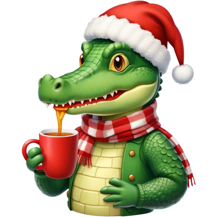 Fun crocodile wearing a winter hat and scarf, holding a warm mug of Bombardino drink emoji
