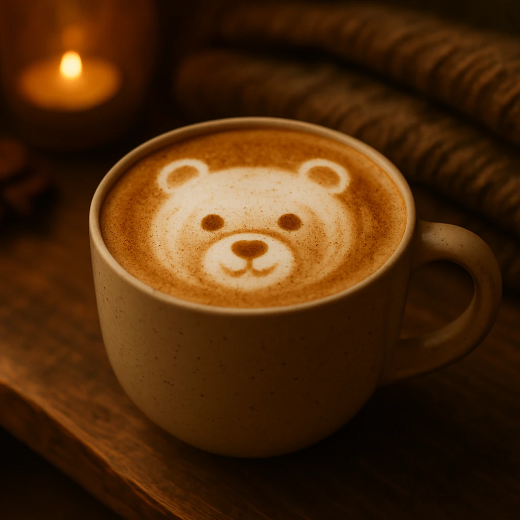 Add a bear face foam art style to the coffee latte topped with cinnamon, keep the cozy atmosphere. Maintain the cozy and warm look of the original image. emoji