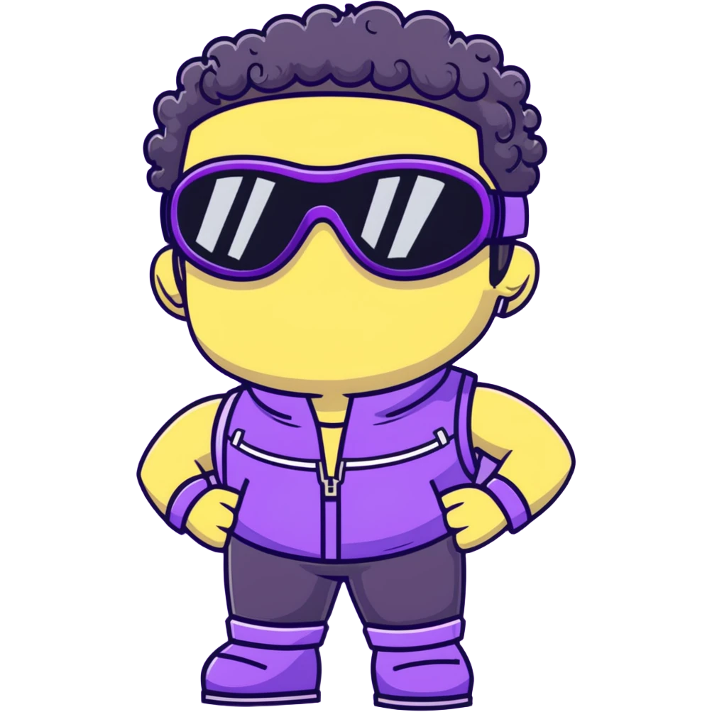 male athlete with white skin and moderately curly black hair on top with shaved sides, wearing ski goggles with purple frames and very dark black lenses, a simple plain black chain necklace, and a completely unzipped/wide open shiny purple vest fully revealing his chest and abs, no earrings emoji