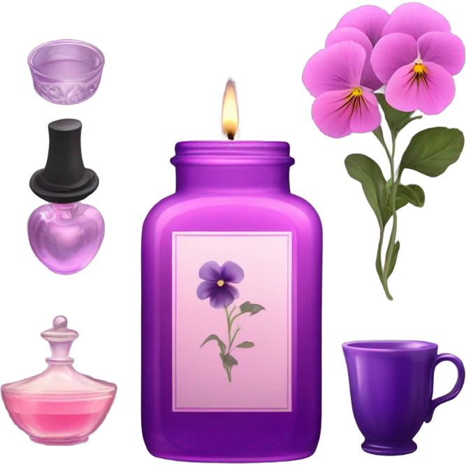 A cozy aesthetic: a dark purple candle in a glass jar, pink pansies, a violet vintage perfume bottle, and a pink cup of steaming tea. emoji