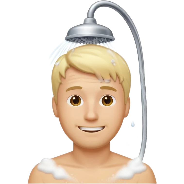 blonde man under showerhead, lots of foam, happy, modest, emoji style emoji