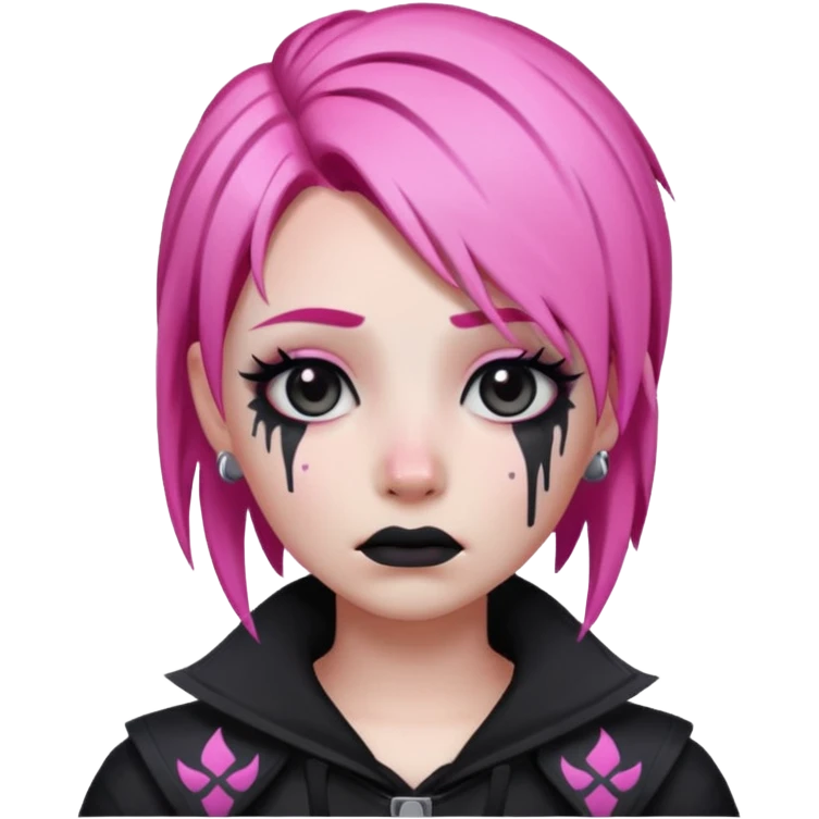 Twitch emoji style crying emoji inspired by Haze skin from Fortnite with signature pink hair, dark makeup, and gothic fashion details emoji