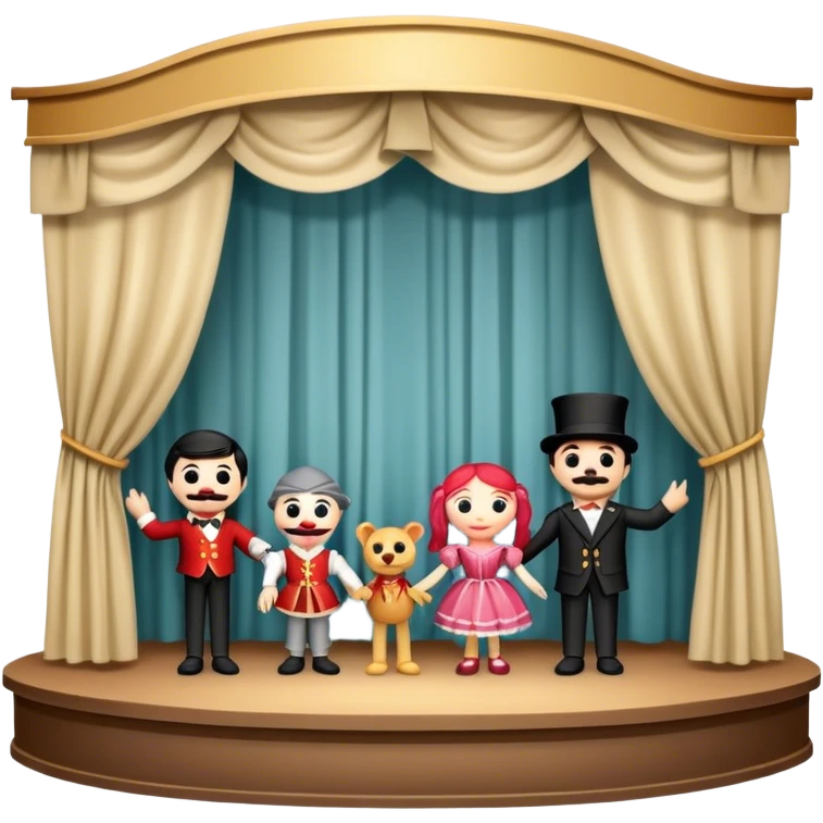 Icon for Puppet Theater: a puppet stage with curtains and marionettes performing on stage. The icon should represent the charm and artistry of puppet theater, with focus on the puppet and the stage setting. Transparent background. emoji