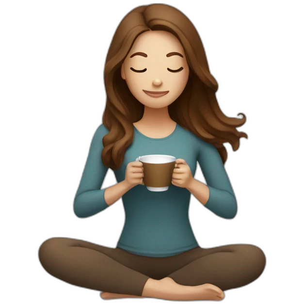 Yoga Woman long brown hair drinks coffee emoji