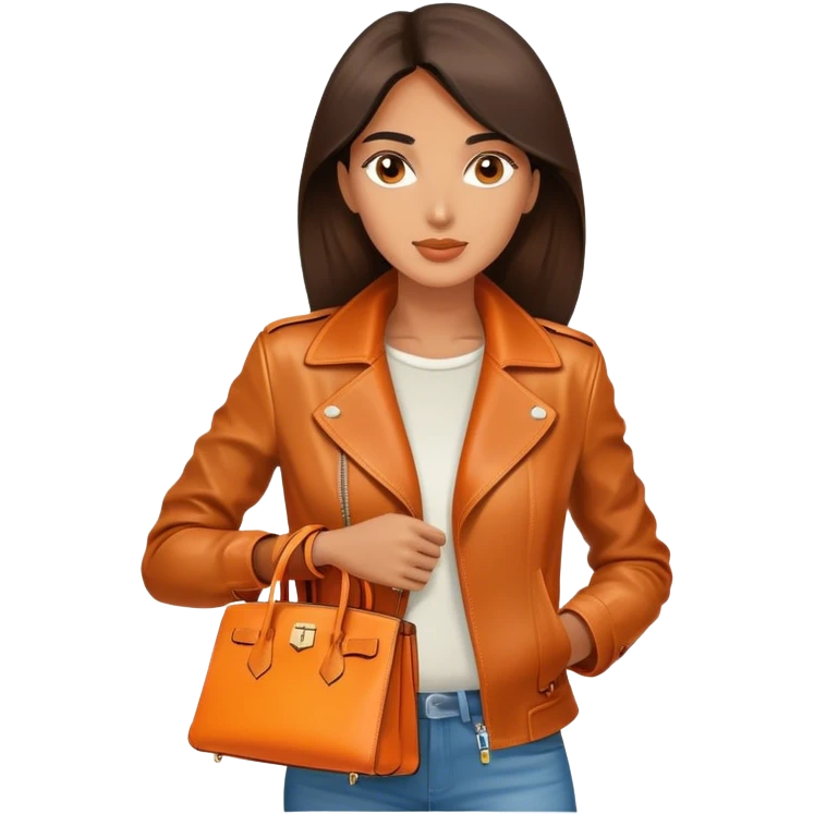 Exotic and tan woman wearing a leather Hermes jacket. She has an orange Hermes Birkin Bag. I want the image to be close up.  emoji