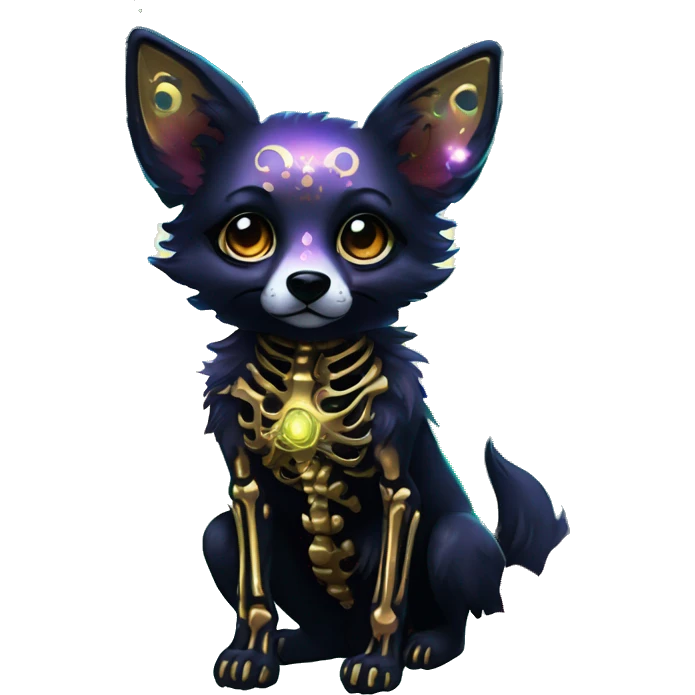 Black iridescent dog fox zombie skeleton gold mechanical nebula galaxy stars flowers fairy lights vintage emoji