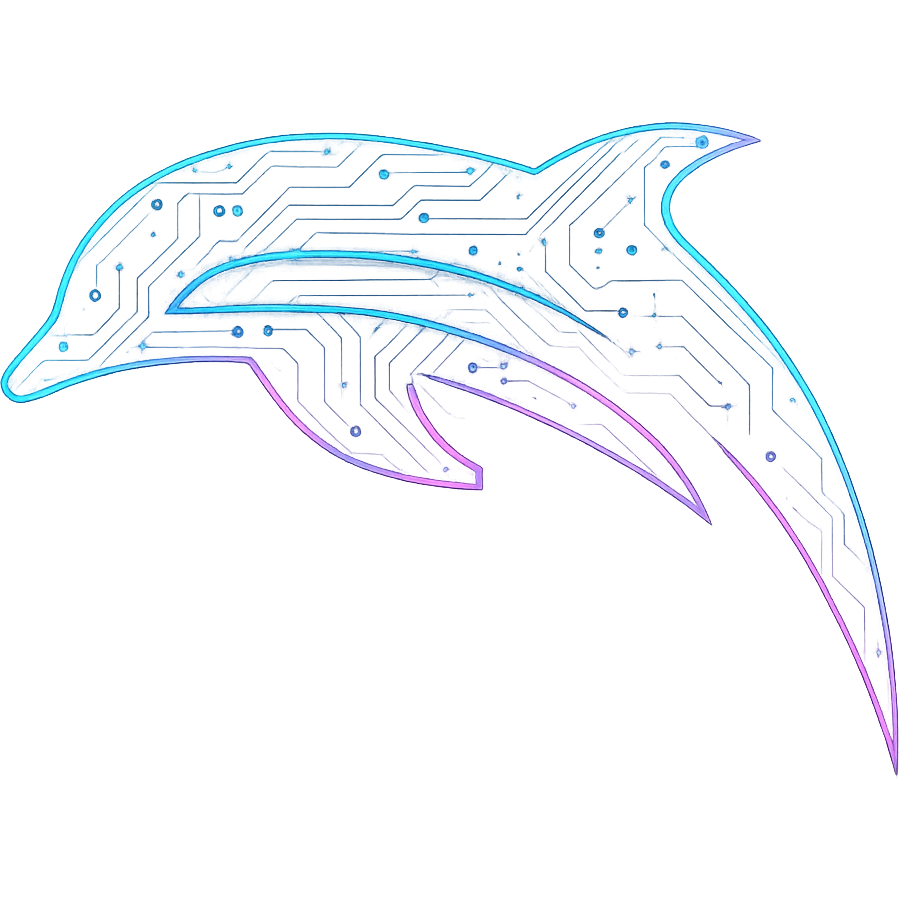 Transform the Dolphin emulator logo into a cyberpunk, holographic style with glowing neon blue and pink edges, circuit patterns throughout the entire logo, and a transparent background. Maintain the recognizable dolphin outline, overlaying neon and circuit effects in a consistent futuristic, clean cyberpunk glow style with intricate circuit details, similar to previous cyberpunk icons. emoji