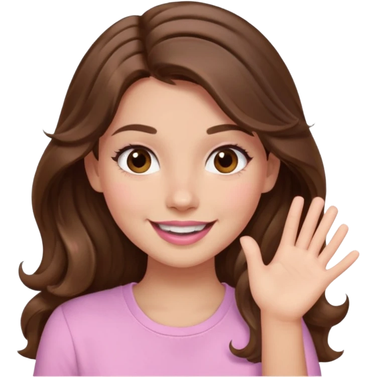 girl with wavy long brown hair, brown eyes, light to medium complexion, long lashes, light pink lipstick, smiling, wearing light pink shirt, slapping emoji