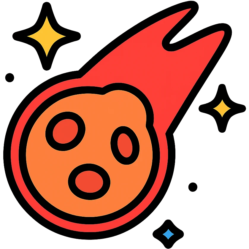 Brawl Stars pin with a meteor streaking down, surrounded by sparkles, bold outlines, vibrant colors emoji