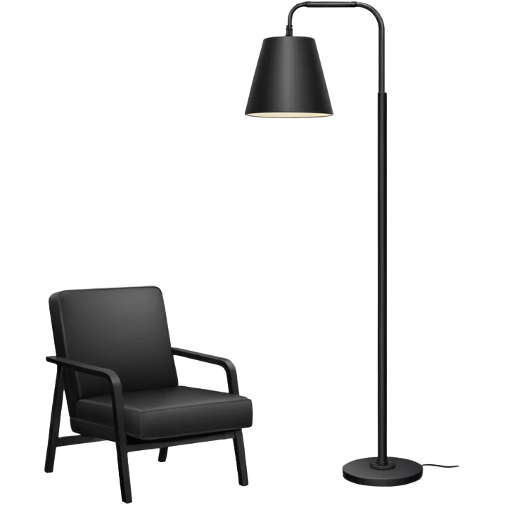 Minimalistic flat vector icon, iOS style, thin black contour on white background. Floor lamp and chair next to a framed picture on wall. Clean, no text, no shadows emoji