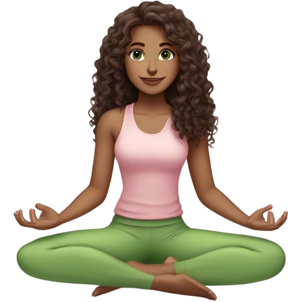Dark brown long curly hair and green eyes yoga beautiful young woman in light pink pink pink clothes sitting on a yoga mat emoji