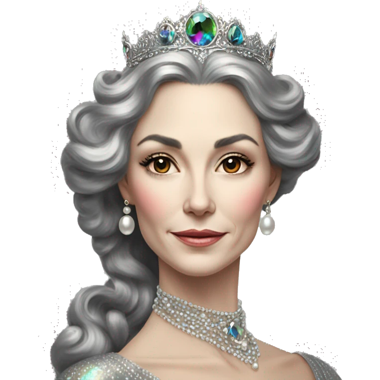 Regal pretty slender middle age woman photograph defined cheekbones high cheekbones crown vintage with very long iridescent black and silver hair wavy long hair pearl crown iridescent emoji