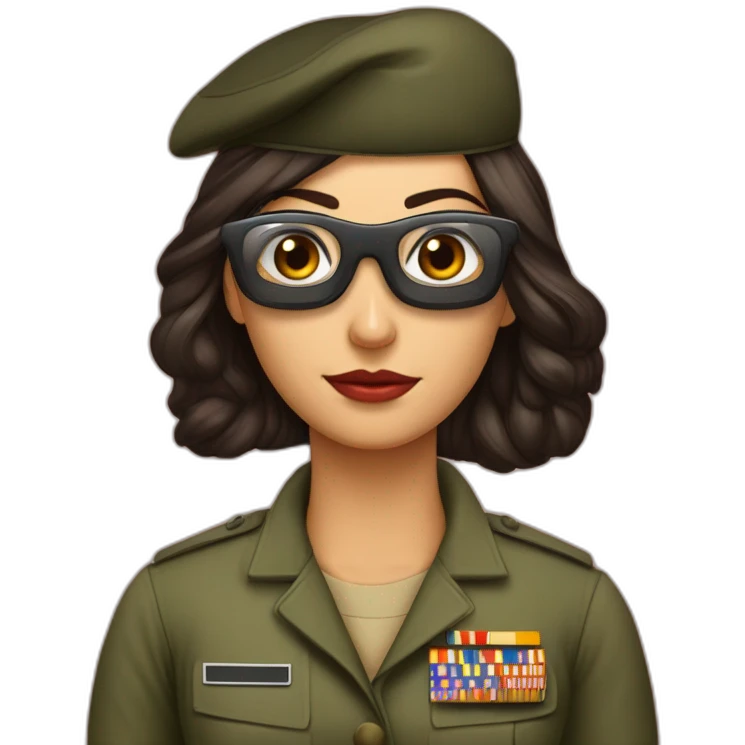 Mujer morena tez morena ojos oscuros gafas cara regordita militar emoji