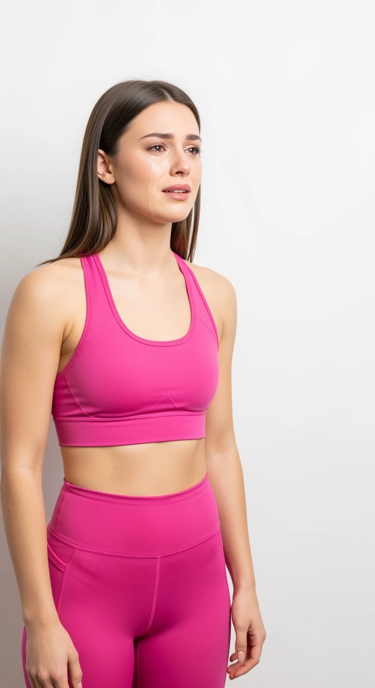 DONNA FITNESS CHE PIANGE, ISOLATA SU SFONDO BIANCO emoji