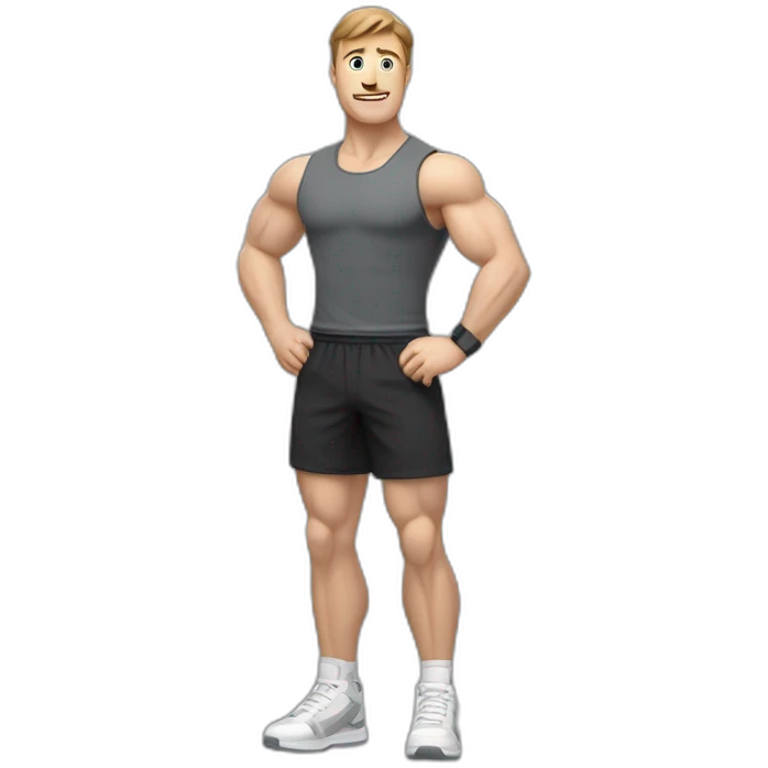 Close up Actively gesturing  with hands Pale skinned Fit Man With the biceps and brown hair in dark gray Sleeveless Mike, black oversize sports shorts, watch and white Sneakers emoji