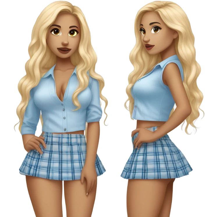 Pretty mixed girl with long blonde hair wearing a baby blue and white plaid mini skirt  emoji