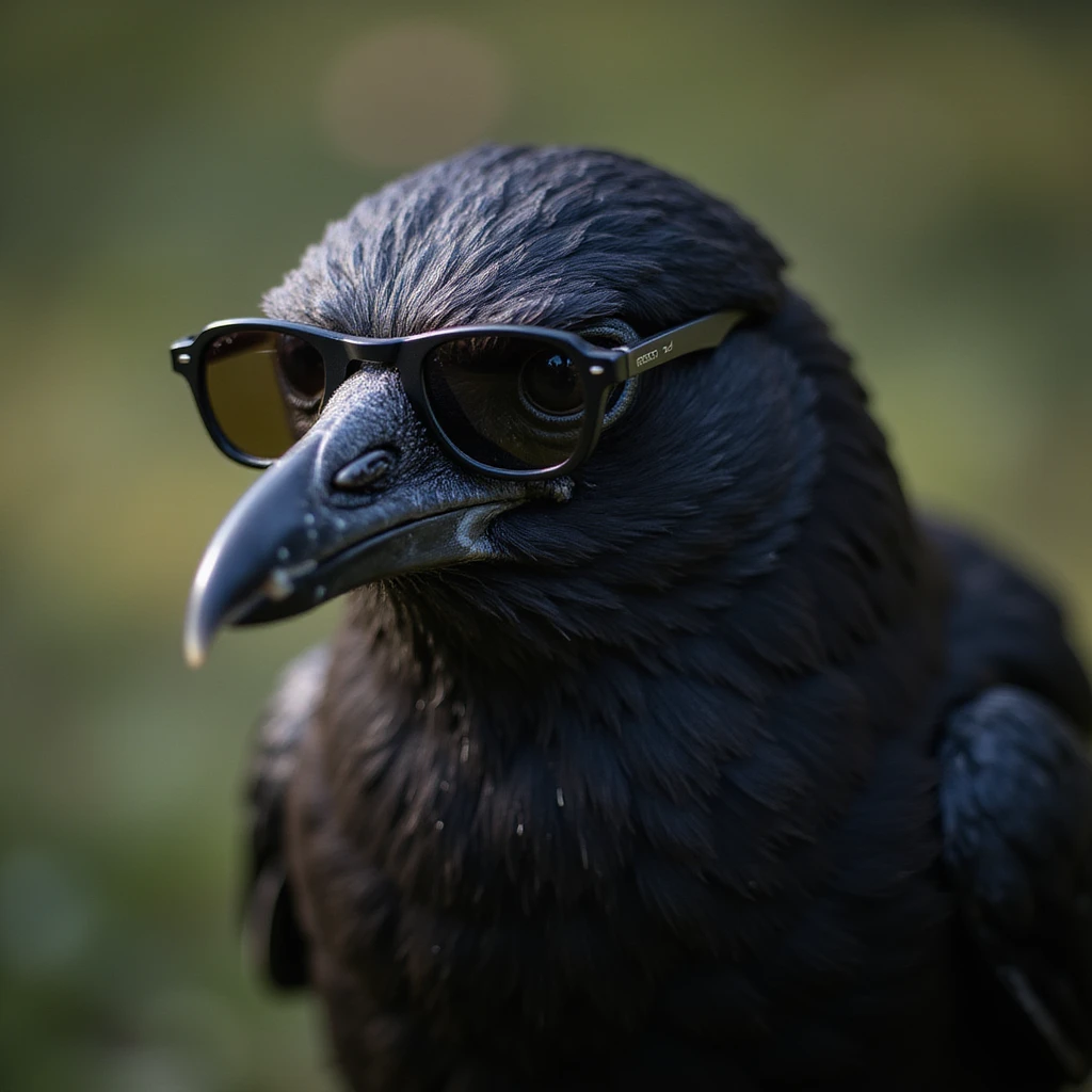 realistic black bird head, sunglasses, natural lighting, detailed texture emoji