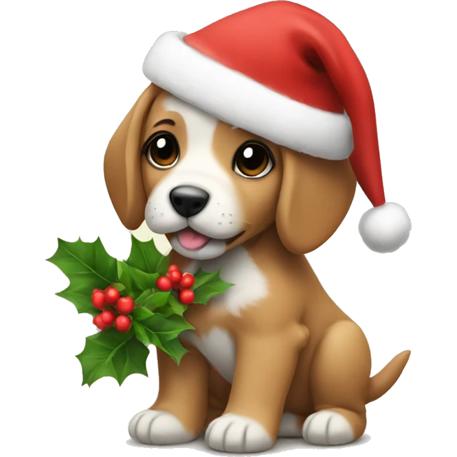 a little puppy with a christmas hat holding flowers emoji