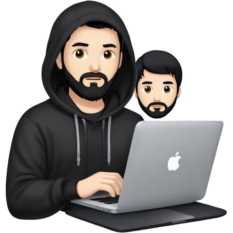 hackeur blanc cheveux noir barbe et capuche noir avec un macbook emoji