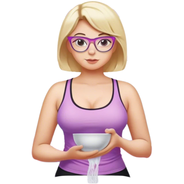 Seductive, Curvy fair skinned woman, short blond hair, small light purple reading glasses, washing dishes, SFW sheer pink tank top, without undergarments showing natural breast shape SFW, black yoga pants, thick booty emoji