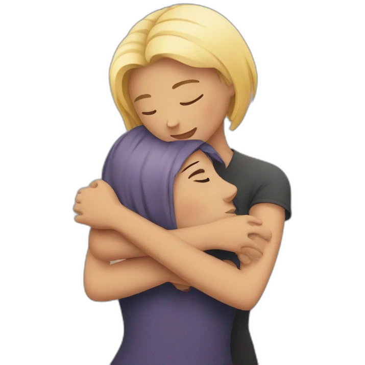 Two girls hug, one has a short hairstyle, the other has a square emoji
