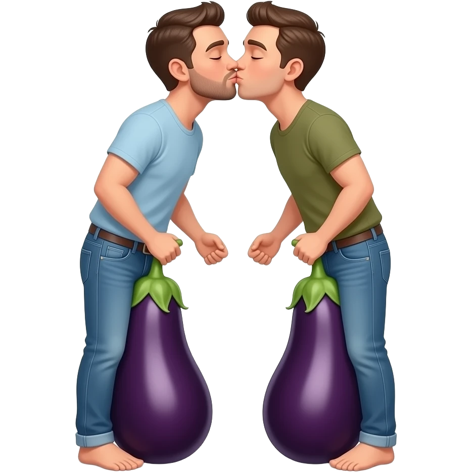 Two men kissing each other with two eggplants out Make the eggplants attached to their pants A touch between their legs emoji