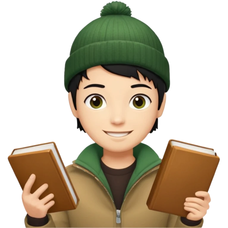 tan skin, non binary man with pixie cut black hair, wearing brown jacket and dark green beanie, smiling , holding up  book  emoji