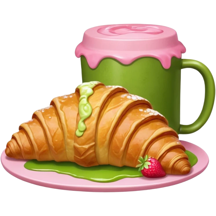 A giant croissant with a closed matcha mug with a strawberry syrup base emoji