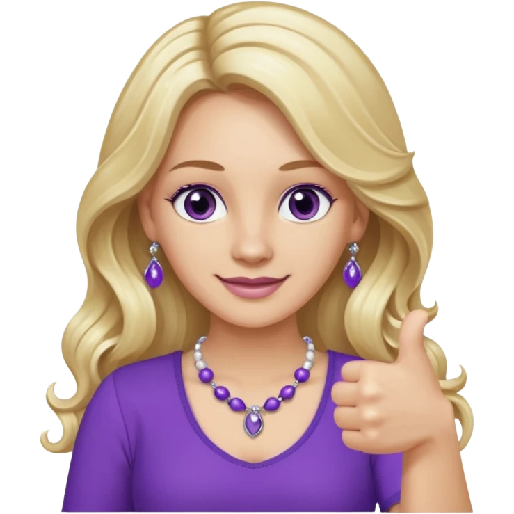 lady with long wavy blonde hair, purple top, коричневыми eyes, thumbs up, с бусами белые и серебром на шее emoji