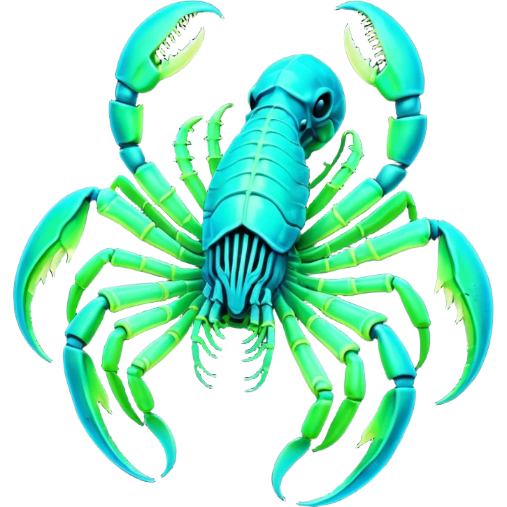 3D render of Radioactive Scorpion, bioluminescent deep sea style, glowing neon blue and green lights, dark background to contrast the glow, translucent organic textures. emoji