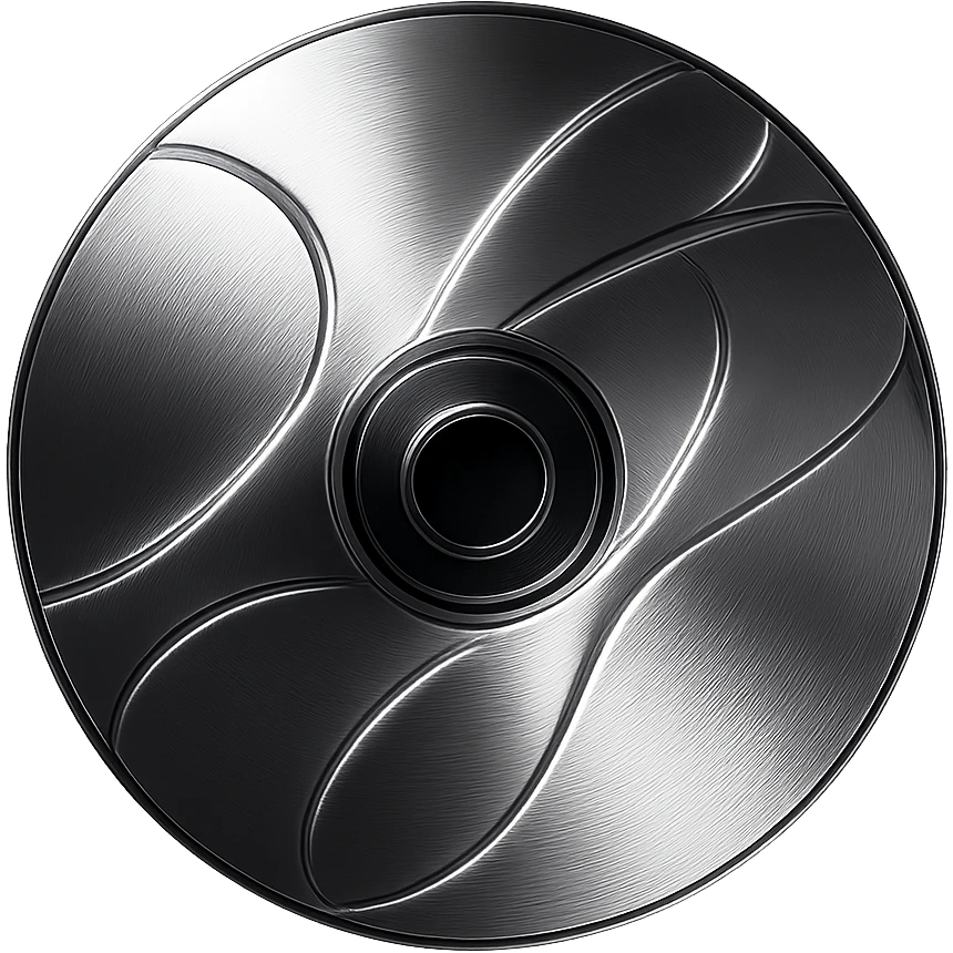 A minimalist CD disc with abstract pattern, glowing effect, purple color, chrome style, with a metallic finish emoji
