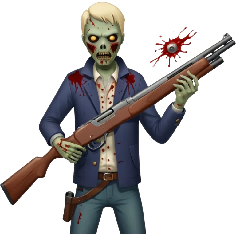 Man in foreground firing shotgun, zombie approaching from front, blood splatter, dark horror, no background












 emoji