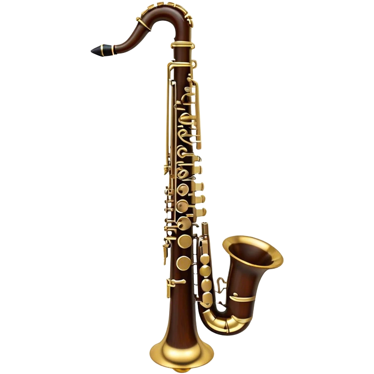 Create a refined and sophisticated emoji representing the Yamaha Custom Duet+ oboe. The design should feature the sleek, polished body of the oboe with elegant keywork details and a rich wood finish. The oboe should have a shiny, metallic look for its key components, and the bell should be subtly flared. Add musical notes or sound waves gently emanating from the instrument to reflect its melodic, smooth sound. Use warm, earthy tones like dark brown, gold, and silver to evoke the professional, classic vibe of a high-end woodwind instrument. The background should be transparent. emoji