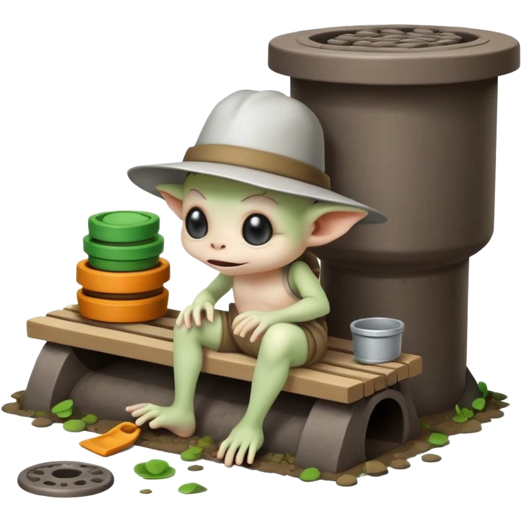 Mini sewer gremlin building little mess stacks on a bench in a manhole emoji