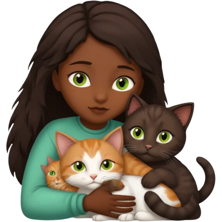 Crea un emoji donde salga un chico moreno con los ojos claros, una chica morena con los ojos marrones y SOLO UN gato europeo comun de pelaje oscuro y ojos verde claro, quiero que se esten abrazando y el gato este en el medio de los dos emoji