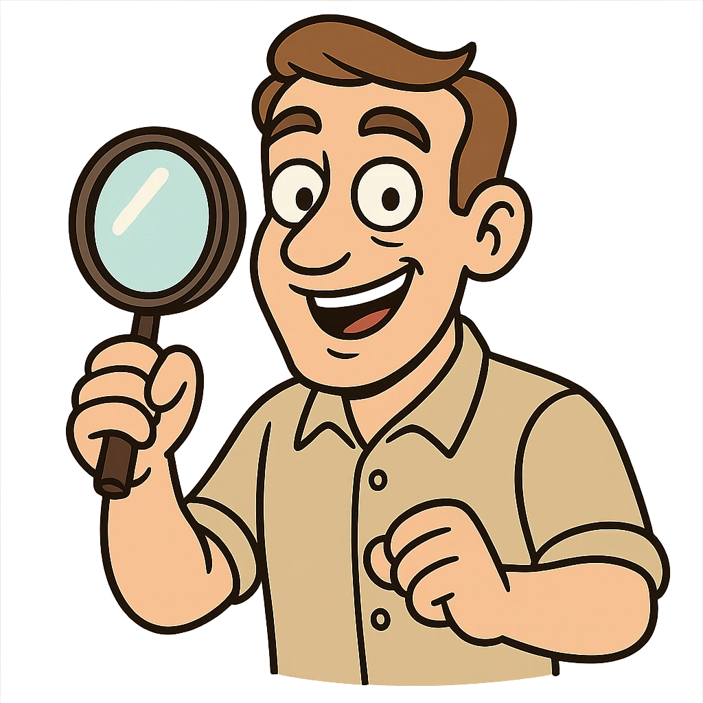 man with magnifying glass, raised eyebrows, smiling, comic style emoji