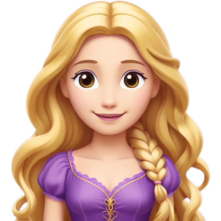 Cinematic Radiant Rapunzel Portrait Emoji, rendered in a flat vector style with clean proportions. Show Rapunzel with a gentle smile, fair, glowing skin, and her iconic long golden hair cascading softly, wearing a simple, elegant purple dress. The image radiates a warm, enchanting glow, high shine, and is accentuated by a soft glowing outline. emoji
