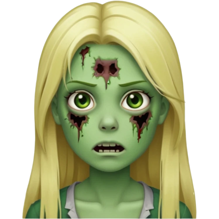 girl zombie with blonde straight long hair green skin and with no angry face and with the mouth closed emoji