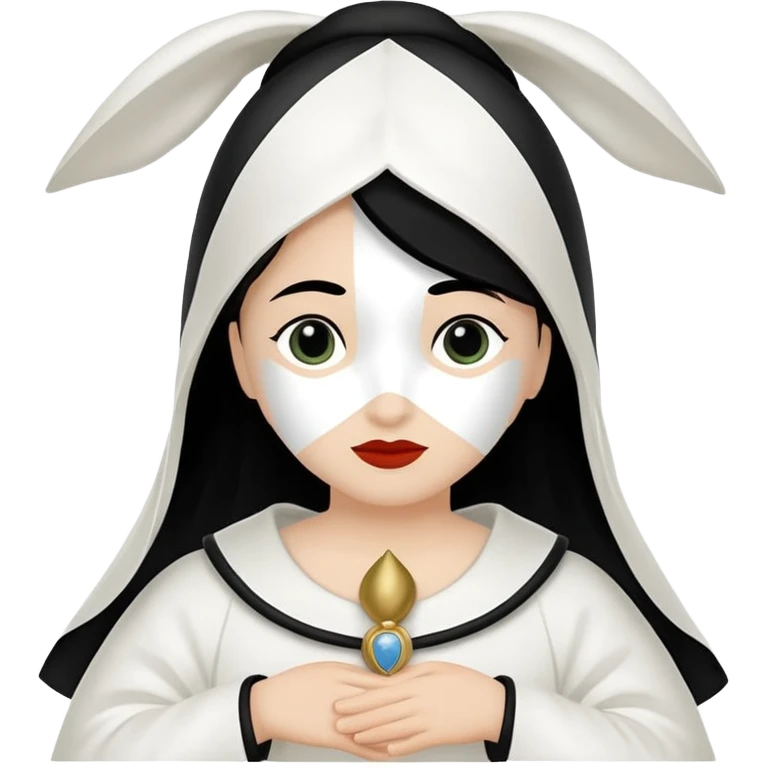 vull un perosnatge estil bimoji que sigui com una nimfa bella i fantasmal amb túniques blanques. Té la pell literalments blanca com el guix, cabell platejat, un nas llarg, ulls negres grans i llavis carmesí. que estigui somrient sense arrecades i roba vermellai balnca  emoji