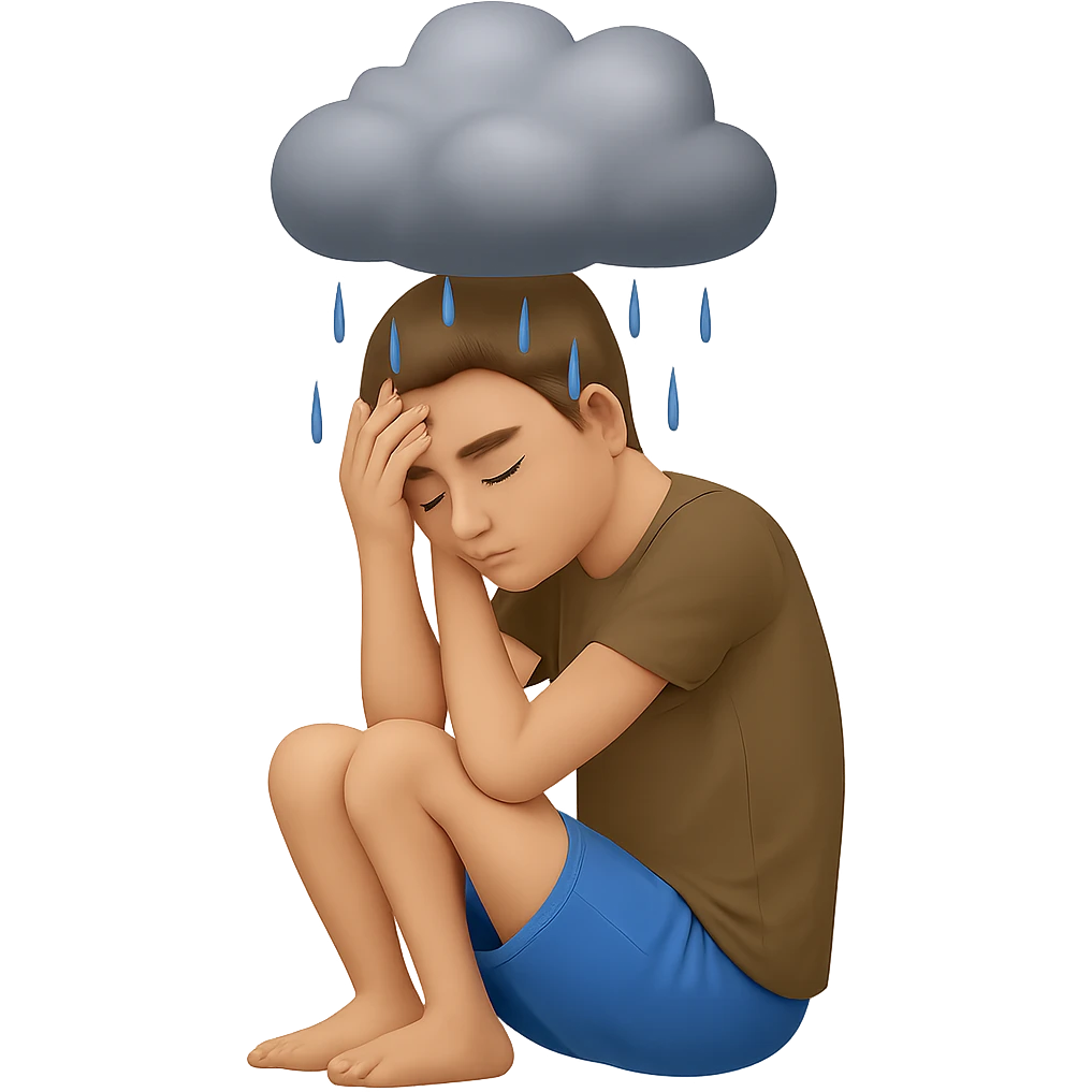 Add a rain cloud above the man. Keep the background transparent. The style should maintain the original look of the image. emoji