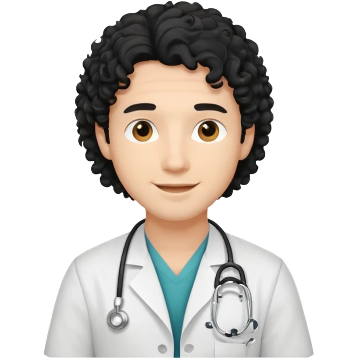 a young male doctor with black long curly hair and cheerful face without gpasses emoji