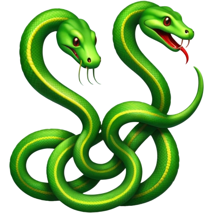 Two symmetrical green snakes tangled at their tails, facing each other, hissing emoji